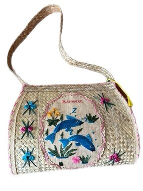 LARGE Bahamas Embroidered Straw Shoulder Bag in Natural and Blue